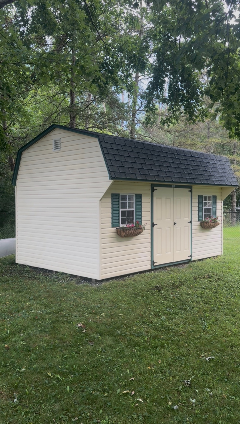 Algae-covered shed siding and roof soft washed clean — after