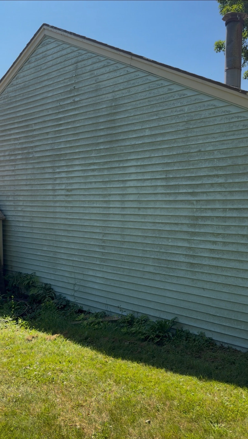 Green algae streaked siding soft washed back to clean blue — before