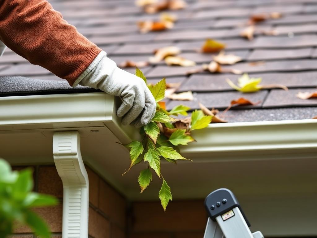 Leaves and debris being removed from a home gutter