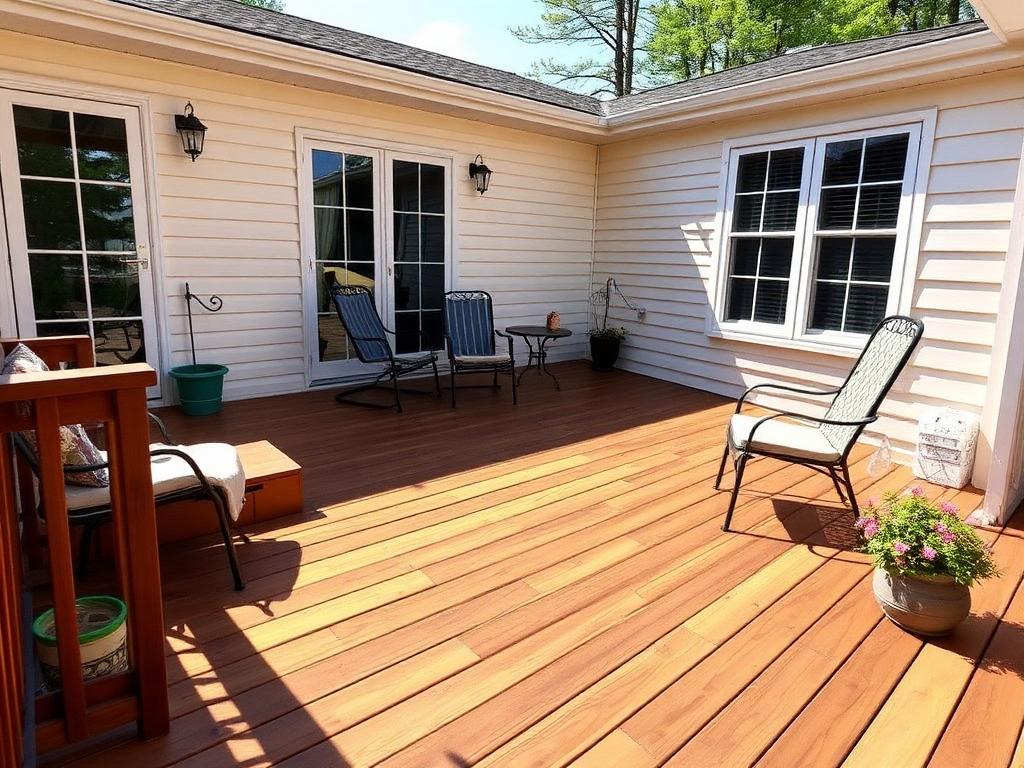 Clean wooden deck and tidy home exterior after property maintenance