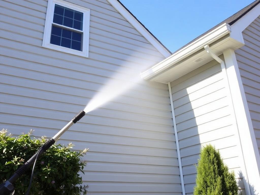 Soft washing light gray house siding with low pressure spray